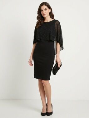 St. John Black Sheath Dress with Silk Stole And Swarovski Crystal